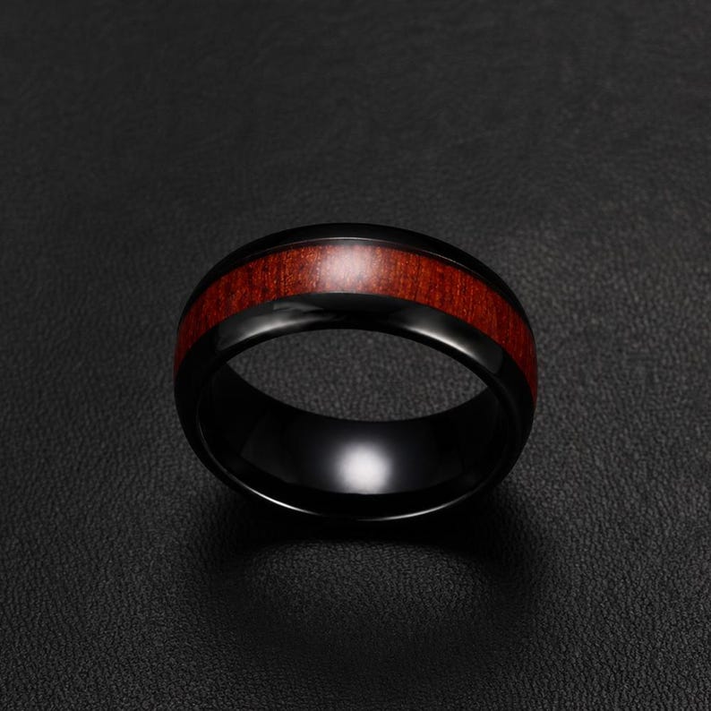 Wood Inlay Titanium Ring for Men, Black Wedding Band, Minimalist Wooden ...
