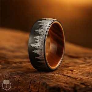 メンズ用ブラックタングステンフォレストリング、木製インナー結婚指輪、レーザー刻印入りツリーリング、ネイチャーリング、素朴なメンズプロミスリング