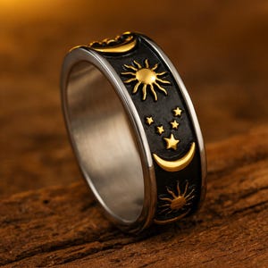 Sun and Moon Ring • Celestial Stainless Steel Band • Starry Boho Jewelry • Unisex Cosmic Accessory • Astrology Gift for Him or Her