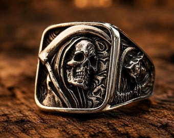 Skull Signet Ring for Men, Grim Reaper Gothic Ring, Scythe Skull Square Ring, Retro Biker Punk Jewelry, Hip Hop Statement Ring Gift