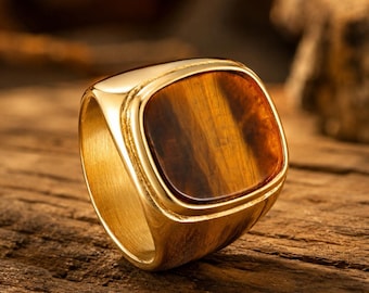 Tiger Eye Signet Ring for Men, Chunky Gold Statement Ring, Vintage Square Gemstone Ring, 18K Gold Plated Ring, Gift for Him