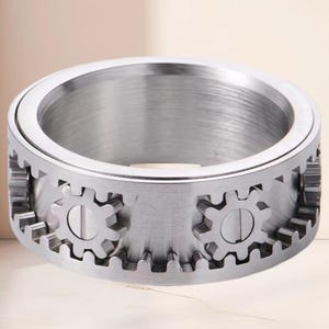 Gear Spinner Ring for Men, Titanium Steel Fidget Ring, Steampunk Gear Ring, Mechanical Spinner Band, Engineer Gift, Industrial Jewelry image 2