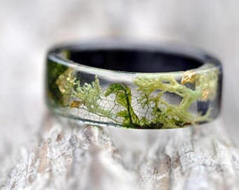 Handmade Wood and Resin Ring – Nature Forest Moss Jewelry, Eco-Friendly Boho Band, Transparent Resin Wood Ring Gift for Him or Her
