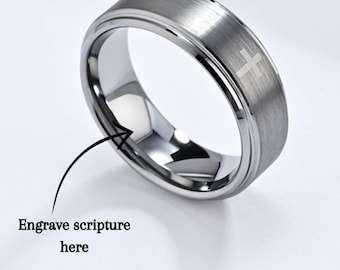 Faith Ring for Men | Tungsten Cross Ring | Christian Wedding Band | Religious Gift | Silver & Black Engraved Cross Ring