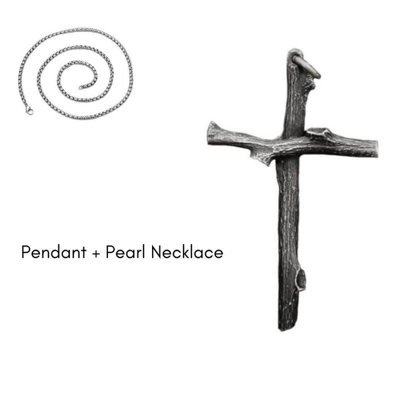 May include: A silver-colored necklace with a spiral design and a rustic cross pendant. The cross pendant has a textured, wood-like appearance. The text "Pendant + Pearl Necklace" is displayed below the necklace.