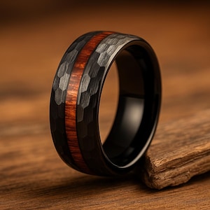 Hammered Black Tungsten Ring with Red Wood Inlay | Mens Wedding Band | Rustic Multifaceted Engagement Ring Gift for Him Anniversary Jewelry