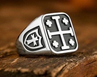 Anillo de cruz de Jerusalén para hombre / Anillo de sello cruzado de acero inoxidable / Joyería templaria medieval / Anillo de cruz cristiana de regalo