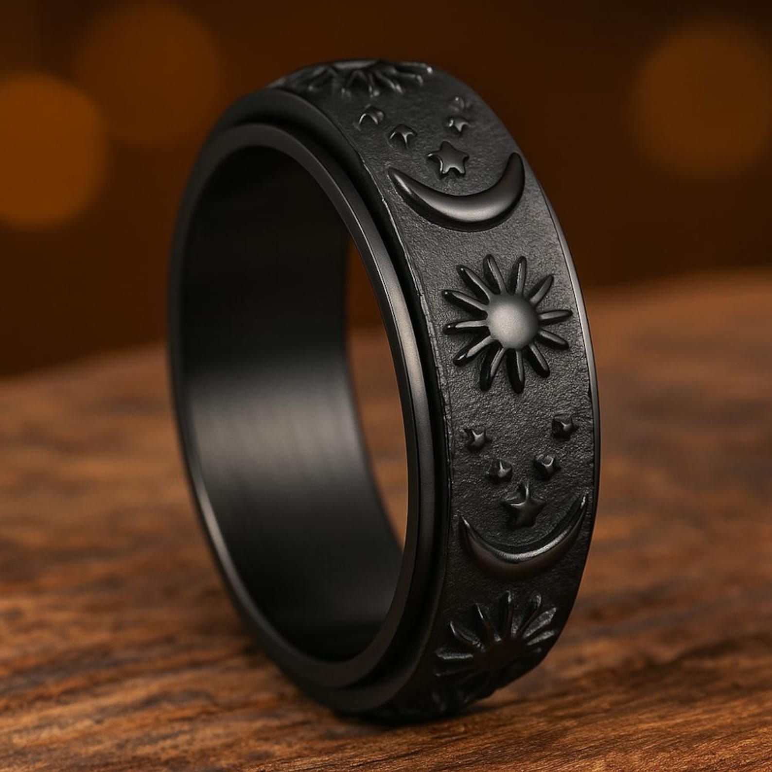 Celestial Sun Moon Star Spinner Ring • Men’s Titanium Steel Fidget Ring ...