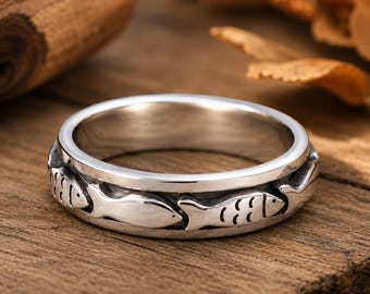 Swimming Fish Spinner Ring, Anxiety Ring, Fish Fidget Ring, Ocean Jewelry, Waterproof Tarnish Free Band Gift