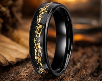 Cosmic Galaxy Tungsten Ring, Black Wedding Band, Gold Silver Inlay Ring, Mens Ring, Space Inspired Anniversary Gift