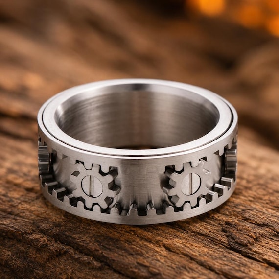 Gear Spinner Ring for Men, Titanium Steel Fidget Ring, Steampunk Gear Ring, Mechanical Spinner Band, Engineer Gift, Industrial Jewelry