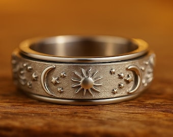Celestial Sun Moon Star Spinner Ring • Men’s Titanium Steel Fidget Ring • Black Silver Gold Rotating Ring • Unique Gift for Him