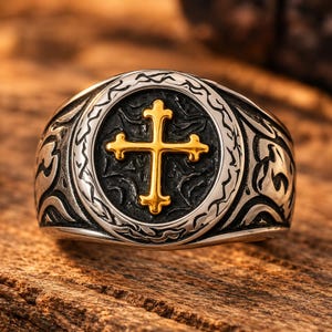 Korsring, Guldkorssignetring, Kristen ring i rostfritt stål, Gotisk ring, Herrring med uttalande, Unisex religiösa smycken