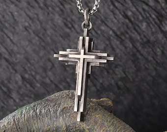 Collar con cruz geométrica • Colgante retro punk • Joyería unisex con símbolos en capas • Amuleto gótico de metal para hombres y mujeres