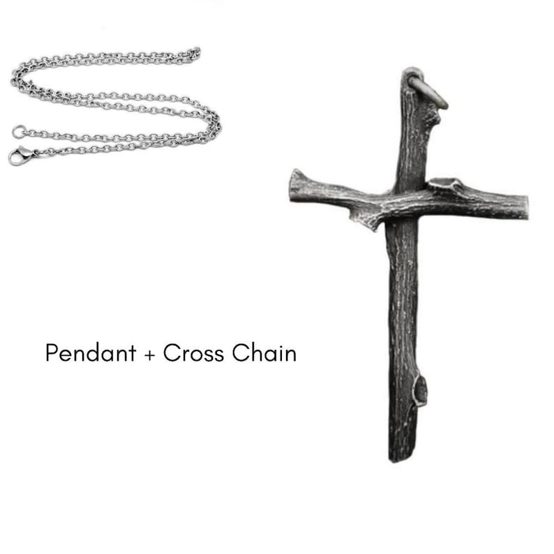 Rustic Wooden Cross Pendant – Silver Plated Copper Charm, Handmade Faith Necklace, Unisex Religious Jewelry, Christian Gift for Him Her Pendant+Cross Chain