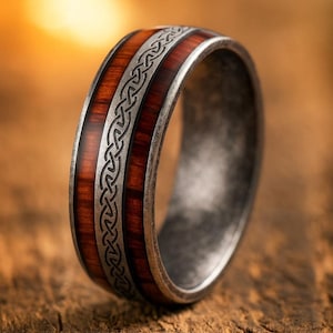 Celtic Knot Titanium Ring | Wood Grain Wedding Band | Men's Rustic Engagement Ring | Viking Irish Knot Ring | Norse Style Anniversary Gift
