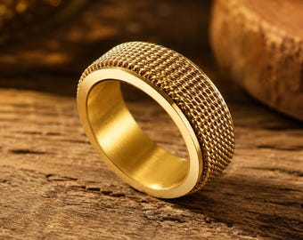Gold Spinner Ring for Men, Stainless Steel Fidget Ring, Anxiety Spinner Band, Mesh Texture Ring, Minimalist Dad Gift, Black Silver Band