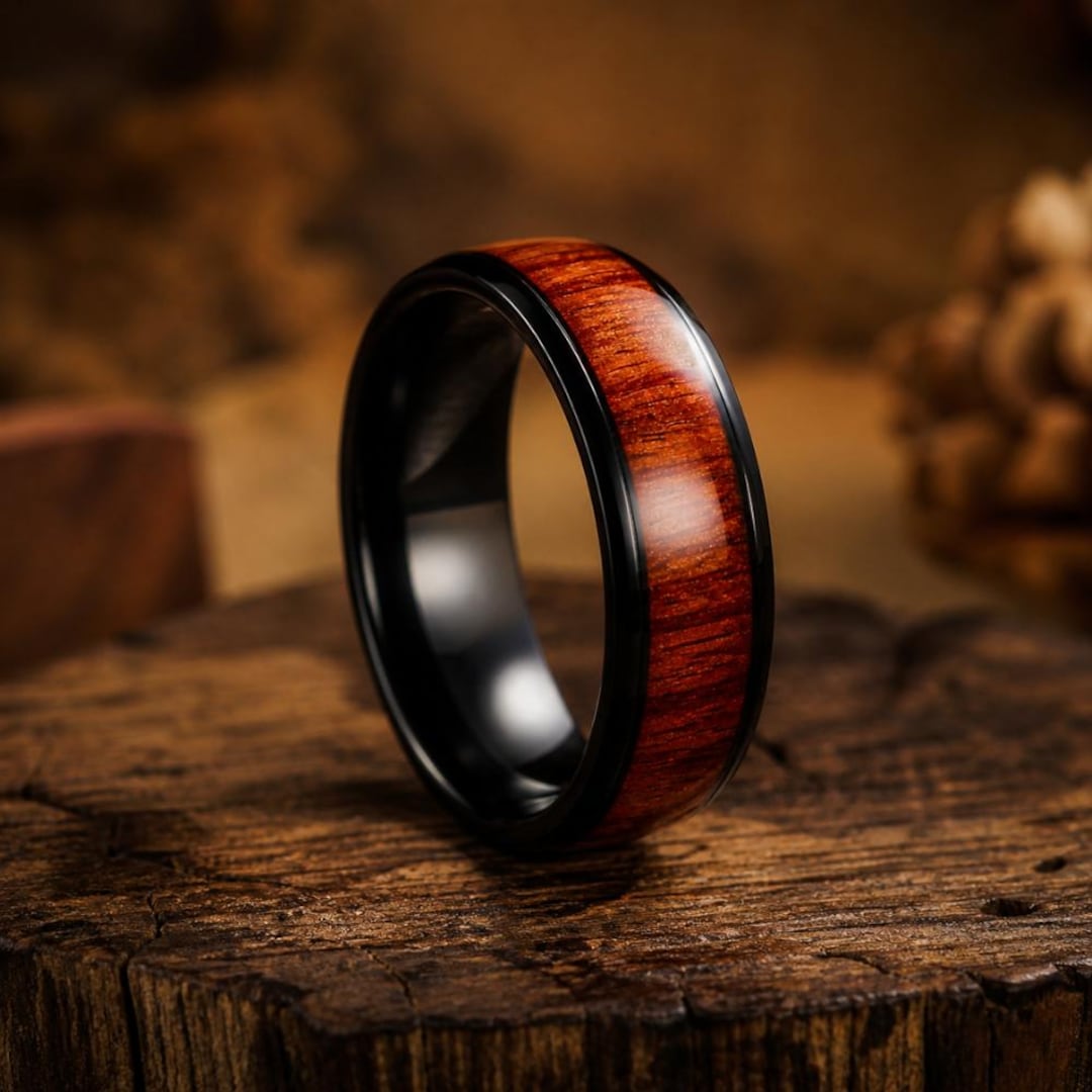 Wood Inlay Titanium Ring for Men, Black Wedding Band, Minimalist Wooden ...