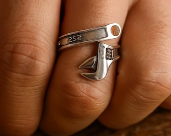 Sterling Silver Wrench Ring for Men – Adjustable S925 Mechanic Ring, Punk Retro Jewelry, Handcrafted Gift for Him