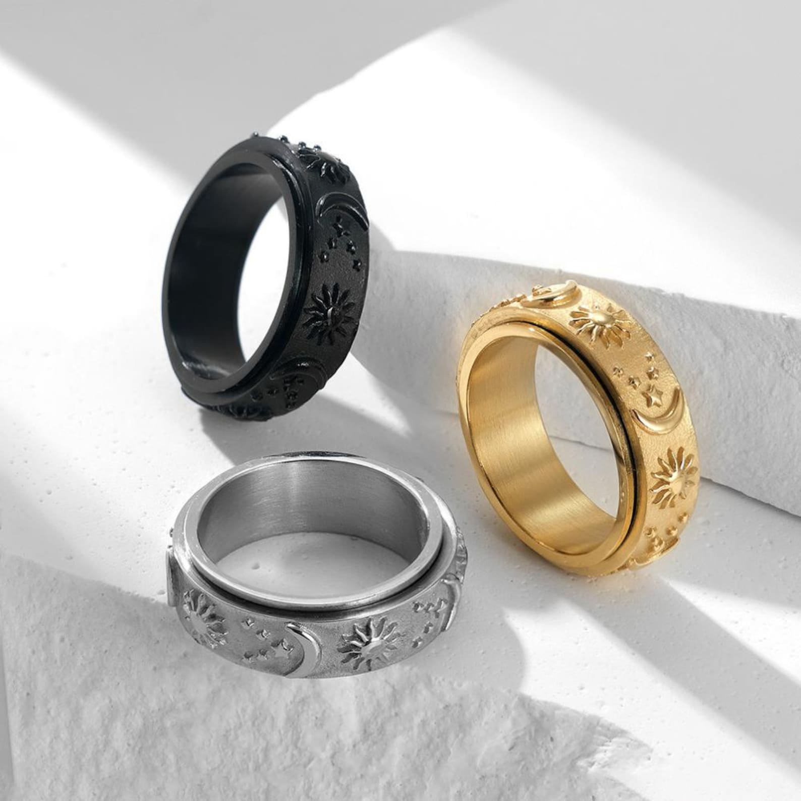 Gold Rotating Rings Celestial Sun Moon Star Spinner Ring • Men’s Titanium Steel Fidget Ring ...