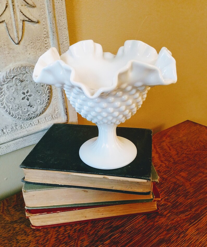 Vintage Milk Glass Fenton Hobnail Pedestal Bowl With Crimped Edge Etsy