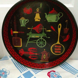 Vintage Mid Century Round Metal Serving Tray with Barbecue Theme