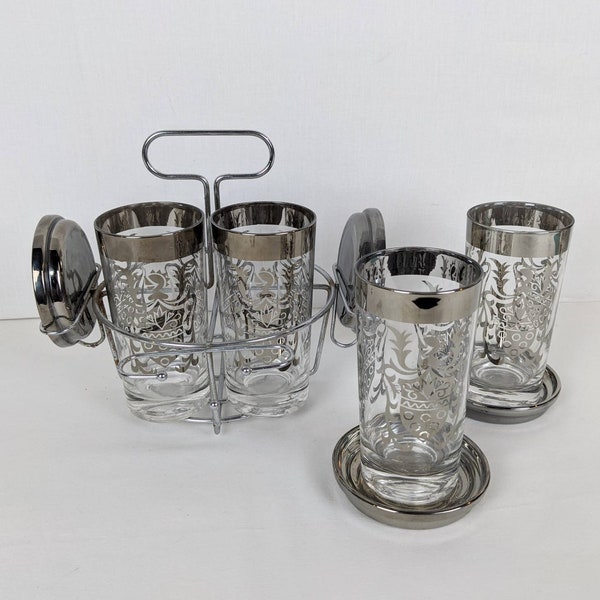 Mid Century Cocktail Glass Set with Caddy and Coasters by Century Metalcraft Queens Lustreware Vitreon Kimiko