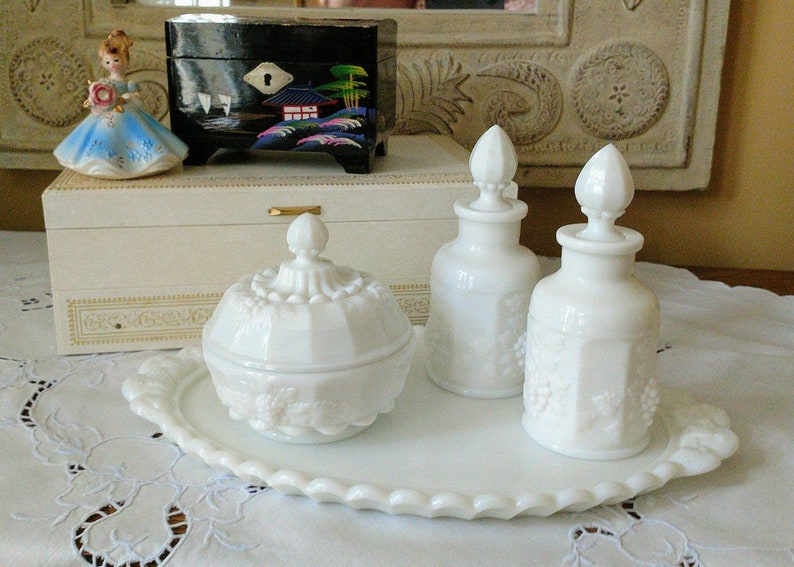 Milk Glass Rare Westmoreland Glass Dresser Set Panel Grape Etsy