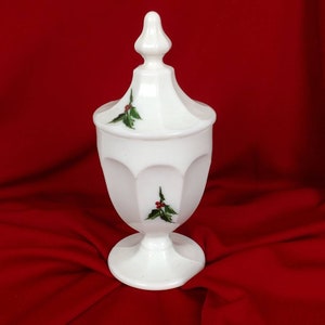 Vintage Milk Glass Westmoreland Covered Pedestal Dish Holly and Berries