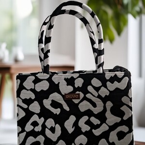 Bold Black & White Animal Print Tote Bag | Designer Handbag for Women | Structured Fabric Shoulder Bag | Stylish Everyday Tote Bag |