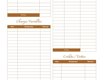 Puede incluir: Un planificador de presupuesto mensual blanco y marrón con secciones para ingresos, gastos fijos, gastos variables, créditos/deudas y notas. El planificador incluye el texto "BUDGET MENSUEL Planning".