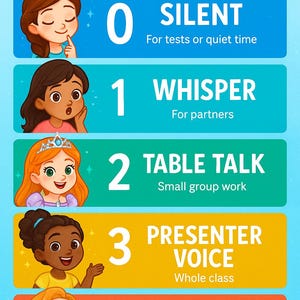 May include: Educational poster titled "Our Voice Levels" with illustrations of children representing different voice levels: silent, whisper, table talk, presenter voice, and outside voice. Each level is color-coded and includes a description.