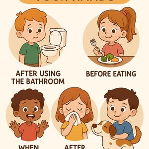 Peut inclure: Illustration colorée avec le texte « QUAND SE LAVER LES MAINS ». L'image montre des enfants dans diverses situations : après être allé aux toilettes, avant de manger, quand les mains sont sales, après avoir toussé ou éternué et après avoir touché des animaux.