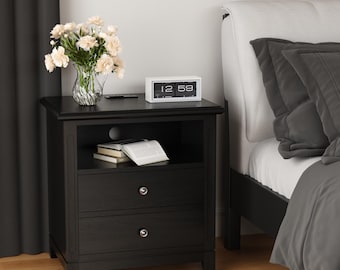 Solid Wood Nightstand with Charging Station, 2 - Drawer + Open Shelf, Classic Bedside Table, Handcrafted Bedside Table with Drawer