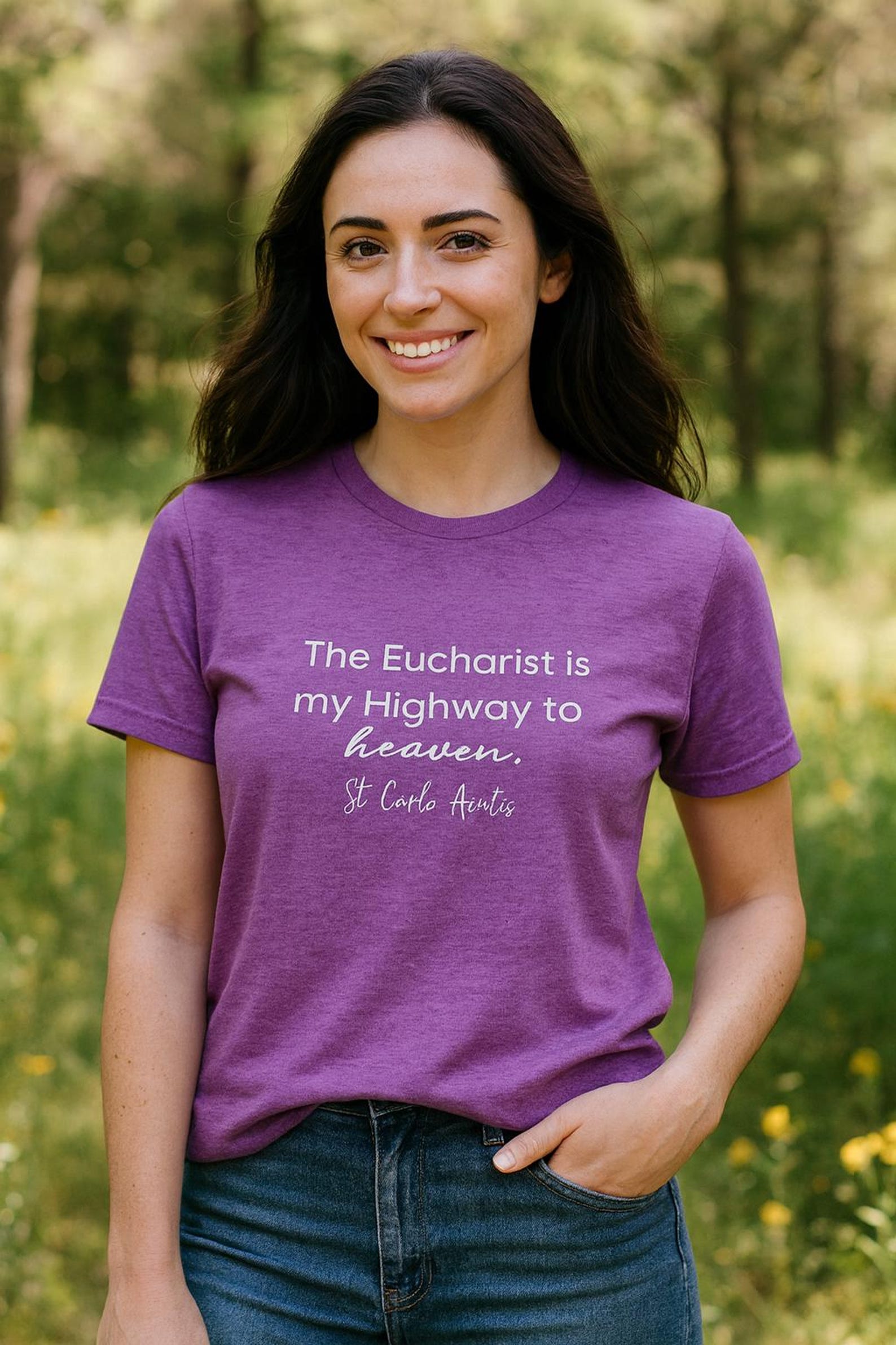 St Carlo Acutis - Eucharist is the Highway to Heaven White - Short Sleeve Unisex T-shirt - Catholic - God - Christian - Millennial Saint