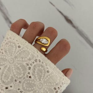 Gold Statement Ring Zircon Stone Adjustable Fit Vintage Style Gold Plated Stainless Steel Waterproof Tarnish Resistant Minimalist Jewelry