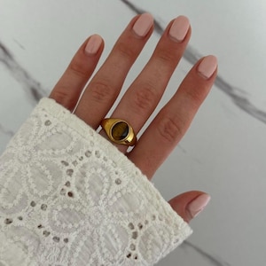 Gold Statement Chunky Ring Gemstone Adjustable Fit Vintage Style Gold Plated Stainless Steel Waterproof Tarnish Resistant Minimalist Jewelry