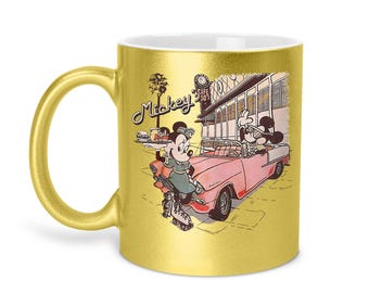 Taza vintage de Mickey y Minnie, taza de café retro de Disney, taza de Mickey Mouse con forma de coche, taza adorable para parejas de Disney, regalo para amantes de Disney