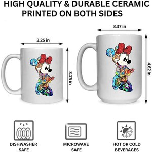 Puede incluir: Taza de cer&aacute;mica blanca con un colorido dise&ntilde;o de Minnie Mouse. La taza mide 9,5 cm de alto y 8,3 cm de ancho. La taza m&aacute;s grande mide 11,7 cm de alto y 8,6 cm de ancho. El texto "HIGH QUALITY & DURABLE CERAMIC PRINTED ON BOTH SIDES" est&aacute; impreso.