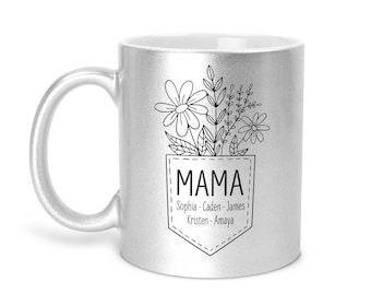 Personalized Mama Pocket Mug, Custom Kids Names Mug, Minimalist Line Art Flower Mug, Mom Pocket Design Cup, Mother’s Day Gift for Mom