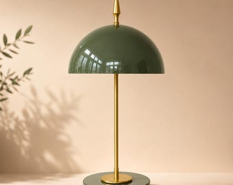 Olive Green Banker Lamp | Glossy Brass Table Light | Mid Century Desk Lamp | Retro Bedside Reading Light | Luxury Office Decor
