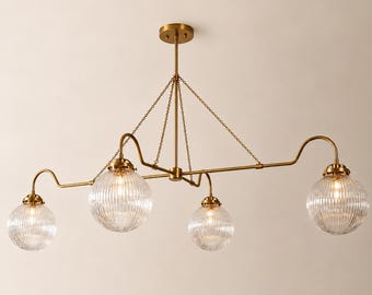 Handcrafted Brass Chandelier | 4-Light Ribbed Glass Globe Pendant Light