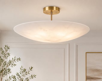 Alabaster Dome Ceiling Light | Modern Brass Semi-Flush Mount, Marble Effect Lamp