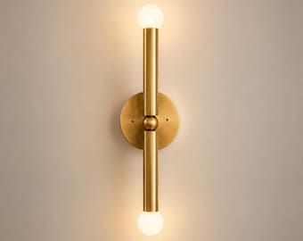 Modern Brass Double Sconce, Minimalist Gold Wall Light, Mid Century Vanity Bathroom Light