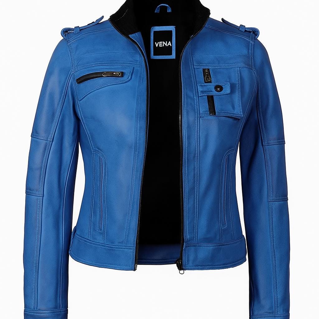 Tavares Women’s Distressed Blue Lambskin Leather Biker Jacket – Stylish Moto Fashion Outerwear