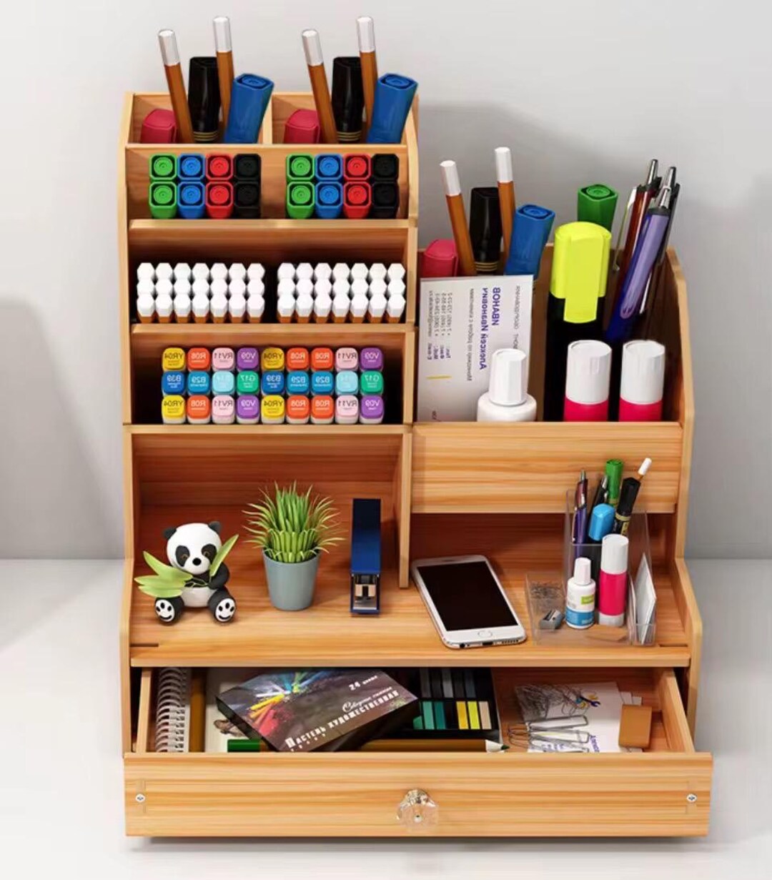 Table Pen Box Wooden Office Study Desk Organizer Table With Pen Pencil Storage Holder ...
