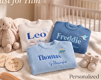 Pull bébé personnalisé – Pull tricoté brodé avec prénom, Sweat-shirt enfant fait main, Cadeau de naissance