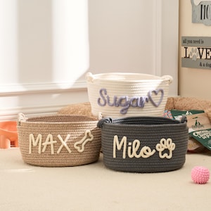 Personalized Pet Toy Basket – Custom Woven Storage Basket with Name, Dog or Cat Toy Organizer, Pet Gift Basket