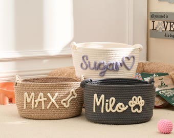 Personalized Pet Toy Basket – Custom Woven Storage Basket with Name, Dog or Cat Toy Organizer, Pet Gift Basket