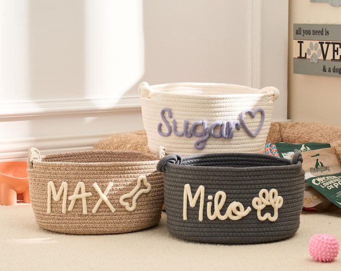 Personalized Pet Toy Basket – Custom Woven Storage Basket with Name, Dog or Cat Toy Organizer, Pet Gift Basket